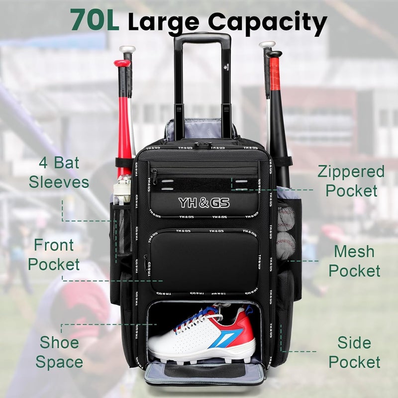 GOTECH Rolling Baseball Bag,Wheeled Softball Bag with Fence Hook for TBall Bat & Equipment,Lightweight Baseball Bat with Shoe Compartment - Image 2